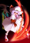  1girl bat_wings bow doburoku_(daiginjou) hat hat_bow lavender_hair open_mouth red_eyes remilia_scarlet ribbon-trimmed_headwear ribbon_trim sash solo spear_the_gungnir stained_glass touhou wings 
