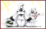  2girls bare_shoulders border breasts claws detached_sleeves dress food fruit horn innertube kantai_collection large_breasts long_hair multiple_girls northern_ocean_hime pale_skin pointing red_eyes ribbed_dress seaport_hime seiza shinkaisei-kan short_dress sideboob sitting sparkle standing sunglasses thighs two-cat-walk very_long_hair watermelon white_background white_hair 