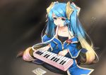  1girl blue_eyes blue_hair hair_ornament instrument keyboard_(instrument) korean league_of_legends long_hair looking_at_viewer melodica mouth_hold name_tag playing_instrument sitting smile solo sona_buvelle tagme takotsu translation_request twintails very_long_hair younger 