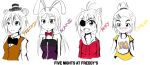  4girls animal_ears antenna_hair artist_request bangs bear_ears blush bonnie_(five_nights_at_freddy&#039;s) bowtie bust character_name chica clothes_writing collarbone copyright_name detached_collar english expressionless eyepatch fangs five_nights_at_freddy&#039;s fox_ears foxy_(five_nights_at_freddy&#039;s) freckles freddy_fazbear genderswap hair_between_eyes hair_ornament hairclip half_updo hat high_ponytail highres long_hair long_sleeves multiple_girls open_mouth parted_bangs partially_colored personification puffy_short_sleeves puffy_sleeves rabbit_ears short_hair short_ponytail short_sleeves simple_background sleeveless smile tareme vest white_background 