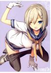  1girl all_fours arm_up bent_over black_legwear blue_eyes breasts gloves hair_ornament hairclip hamakaze_(kantai_collection) highres kantai_collection kikuchi_seiji large_breasts no_pants open_mouth pantyhose pantyhose_pull sailor_collar scan silver_hair solo tears white_gloves wince 