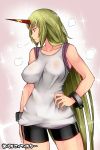  1girl alternate_costume aoshima bike_shorts blonde_hair breasts collarbone commentary_request contemporary cuffs hand_on_hip highres horn hoshiguma_yuugi large_breasts long_hair red_eyes shackles sleeveless sleeveless_shirt solo sparkle sweat touhou translated very_long_hair 