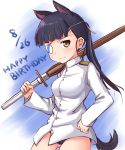 1girl a9b_(louis814) animal_ears black_hair dog_ears dog_tail eyepatch hand_on_hip highres looking_at_viewer military military_uniform ponytail sakamoto_mio shinai smile solo strike_witches swimsuit swimsuit_under_clothes sword tail uniform weapon yellow_eyes 