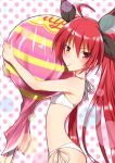  1girl absurdres ahoge bikini blush candy chupa_chups date_a_live hair_ribbon highres itsuka_kotori lollipop long_hair looking_at_viewer midriff mouth_hold oversized_object polka_dot polka_dot_background red_eyes redhead ribbon side-tie_bikini small_breasts solo swimsuit twintails very_long_hair white_bikini white_swimsuit yuto_(dialique) 