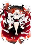  1girl bare_legs breasts cleavage covered_mouth crossed_legs dress horns kantai_collection large_breasts long_hair looking_at_viewer midway_hime natsume_eri pale_skin red_eyes shinkaisei-kan simple_background sitting solo very_long_hair white_background white_dress white_hair 