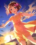  1girl :d artist_request dress idolmaster idolmaster_cinderella_girls kudou_shinobu official_art open_mouth outstretched_arms sky smile solo spread_arms star_(sky) starry_sky sun twilight 