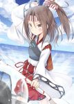  bow brown_eyes brown_hair long_hair miko personification ponytail sea sky warrior zuihou_(kantai_collection) 