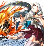  3girls armadillo-tokage blue_eyes blue_hair crying fire hamakaze_(kantai_collection) highres kantai_collection kiyoshimo_(kantai_collection) long_hair multiple_girls musashi_(kantai_collection) open_mouth pantyhose ponytail reaching_out ribbon silver_hair tears torn_clothes torn_pantyhose very_long_hair 