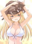  1girl armpits arms_up bikini bismarck_(kantai_collection) blonde_hair blue_eyes blush breasts cat front-tie_top hat highres kantai_collection long_hair military_hat oota_yuuichi open_mouth peaked_cap smile solo swimsuit white_bikini white_swimsuit 