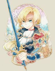  1girl androgynous armor ascot bangs blonde_hair blue_eyes colored_eyelashes faris_scherwiz final_fantasy final_fantasy_v flower highres holding low_ponytail parted_bangs ponytail solo sunagimo_(nagimo) sword traditional_media watercolor_(medium) weapon 