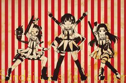  3girls ;d female hair_ornament headband jintsuu_(kantai_collection) kantai_collection ko_ru_ri long_hair looking_at_viewer multiple_girls naka_(kantai_collection) ninja one_eye_closed open_mouth pose scarf school_uniform sendai_(kantai_collection) serafuku smile super_sentai tagme taiyou_sentai_sun_vulcan two_side_up 