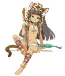  1girl akr_et animal_ears anklet armlet bangs bare_shoulders barefoot bastet_(p&amp;d) black_hair blunt_bangs blush bracelet cat_ears cat_tail choker cross-laced_legwear dark_skin egyptian egyptian_clothes full_body green_eyes headpiece instrument jewelry licking_lips long_hair midriff navel puzzle_&amp;_dragons simple_background sitting skirt solo tail tongue tongue_out tubetop white_background white_skirt 