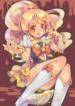  1girl :d blonde_hair boots bow bowtie brooch brown_eyes cure_honey hair_bow happinesscharge_precure! honey jewelry knee_boots long_hair magical_girl mg_kurino object_namesake oomori_yuuko open_mouth precure puffy_sleeves sexually_suggestive sitting skirt smile solo wrist_cuffs yellow_skirt 