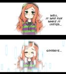  1girl 4chan artist_request bangs blush closed_eyes clover colored_stripes comic crying crying_with_eyes_open english freckles green_eyes hairband hoodie orange_hair payot sad simple_background smile solo source_request striped_hoodie tears vivian_james white_background 