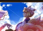  3girls animal_ears blonde_hair blue_sky cat_ears chen clouds dress fox_tail gloves hands_in_sleeves hat hat_with_ears long_sleeves multiple_girls multiple_tails parasol sky tabard tail touhou umbrella white_dress white_gloves wide_sleeves wind_chime yakumo_ran yakumo_yukari yellow_eyes yetworldview_kaze 