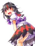  1girl bent_over black_hair fang fun_bo horns kijin_seija multicolored_hair open_mouth print_dress puffy_short_sleeves puffy_sleeves red_eyes sash short_sleeves solo streaked_hair touhou upskirt 