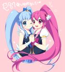  2girls :d aino_megumi blue_eyes blue_hair blush cheek-to-cheek clenched_teeth crown cure_lovely cure_princess happinesscharge_precure! holding_hands kuune_rin long_hair magical_girl multiple_girls one_eye_closed open_mouth pink_eyes pink_hair ponytail precure shirayuki_hime smile twintails very_long_hair 