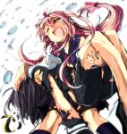  2girls armadillo-tokage carrying crescent_hair_ornament crying damaged hair_ornament hair_ribbon highres kantai_collection long_hair low-tied_long_hair mechanical_halo multiple_girls open_mouth pink_hair princess_carry purple_hair ribbon tatsuta_(kantai_collection) tears torn_clothes uzuki_(kantai_collection) very_long_hair 