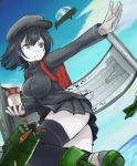  1girl airplane akitsu_maru_(kantai_collection) black_hair black_legwear black_skirt blue_sky breasts buttons clouds gloves grey_eyes gyrocopter hat holding kantai_collection lantern leg_up long_sleeves military military_uniform miniskirt nekoperon outdoors outstretched_arm pale_skin peaked_cap pleated_skirt scroll short_hair skirt sky solo thigh-highs uniform water white_gloves white_skin zettai_ryouiki 