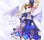  1girl aikatsu! aqua_eyes bat_wings blonde_hair blue_dress blush brooch chain dress drill_hair english frills gothic_lolita hair_ribbon hat jacket jewelry lolita_fashion long_hair long_sleeves nana-shi_hostler open_mouth ribbon smile solo standing toudou_yurika twin_drills twintails wings 