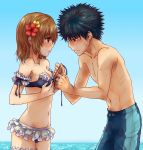  aibara_mitsuki arm_garter bikini black_eyes black_hair blush breasts brown_eyes brown_hair cleavage flower hair_flower hair_ornament highres kamijou_touma misaka_mikoto spiky_hair swimsuit to_aru_kagaku_no_railgun to_aru_majutsu_no_index 