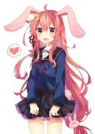  1girl :d animal_ears blush bunny_hair_ornament bunny_tail crescent_hair_ornament frilled_skirt frills hair_ornament heart kantai_collection long_hair long_sleeves looking_at_viewer low-tied_long_hair neckerchief open_mouth pink_eyes pink_hair pleated_skirt purple_skirt rabbit_ears sailor_collar school_uniform serafuku skirt smile solo tail uzuki_(kantai_collection) very_long_hair watase_(abe) white_background 