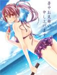  1girl artist_request ass back backless bare_shoulders bare_thighs beach bikini closed_mouth ears eating eyebrows eyebrows_behind_hair eyes face food free! fruit legs legs_together long_hair looking_at_viewer matsuoka_gou open_eyes purple_bikini purple_swimsuit red_eyes redhead sideboob sky solo source_request summer swimsuit thighs watermelon wet 