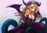  1girl bat_wings blonde_hair blush breasts character_name cleavage copyright_name dress earrings elbow_gloves gloves heart heart_earrings horns jewelry lilith_(p&amp;d) long_hair necklace pointy_ears puzzle_&amp;_dragons rocknroll smile solo tail violet_eyes wings 