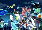  2girls black_legwear blue_eyes blush brown_hair cityscape emerane fish gloves hair_bobbles hair_ornament hairclip hologram hover_bike multiple_girls night night_sky open_mouth original pantyhose pink_hair police riding science_fiction short_hair sky white_gloves 