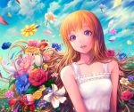  1girl arms_at_sides bare_shoulders colorful cosmos_(flower) daisy dress flower hibiscus highres lily_(flower) long_hair marigold open_mouth orange_hair original petals rose sky sleeveless smile solo tulip violet_eyes 