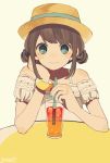  1girl arm_support brown_hair drinking_straw glass green_eyes hat headrest highres juice long_hair looking_at_viewer maco22 original smile solo straw_hat tagme 