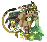  1girl ;d animal_ears anklet armlet bare_shoulders barefoot bastet_(p&amp;d) black_hair blush bracelet cat_ears cat_tail cross-laced_legwear dark_skin earrings egyptian egyptian_clothes fang full_body green_eyes headpiece jewelry long_hair midriff necklace one_eye_closed open_mouth panties pantyshot paw_pose puzzle_&amp;_dragons simple_background skirt smile solo tail takeya_yuuki tubetop underwear white_background white_panties white_skirt 