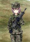  1girl assault_rifle brown_eyes camouflage gun howa_type_89 inoshira load_bearing_vest looking_at_viewer original purple_hair rifle solo sweatdrop weapon 