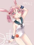  1girl adapted_costume alternate_costume animal_ears kantai_collection kemonomimi_mode ko_ru_ri looking_at_viewer pink_eyes pink_hair rabbit rabbit_ears sazanami_(kantai_collection) smile solo_focus tagme translation_request twintails 