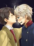  2boys aldnoah.zero blush brown_hair closed_eyes forehead_kiss green_eyes kaizuka_inaho kiss military military_uniform multiple_boys n_(no_bu) necktie open_mouth school_uniform short_hair silver_hair sky slaine_troyard star_(sky) starry_sky uniform 