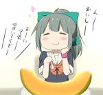  1girl bow cantaloupe eating food fruit hair_bow kantai_collection melon miyako_hito ponytail school_uniform serafuku solo translated yuubari_(kantai_collection) 