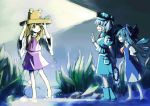  3girls absurdres adjusting_clothes adjusting_hat alpha.e backpack bag barefoot blonde_hair blue_eyes blue_hair boots bow cirno dress flashlight frog gloves hair_bobbles hair_bow hair_ornament hair_ribbon hat highres ice ice_wings kawashiro_nitori key long_hair moriya_suwako multiple_girls net night open_mouth ribbon short_hair smile touhou twintails water waving wings yellow_eyes 