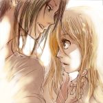  2girls blonde_hair brown_hair bump_(silk0423) chin_grab christa_renz face hair_between_eyes looking_up lowres multiple_girls oekaki open_mouth profile shingeki_no_kyojin short_hair ymir_(shingeki_no_kyojin) 