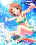  1girl artist_request bikini bracelet breasts cleavage front-tie_top idolmaster idolmaster_cinderella_girls jewelry jpeg_artifacts light_particles light_rays looking_at_viewer o-ring_top one_eye_closed open_mouth saitou_youko shorts smile sun sunbeam sunlight swimsuit 