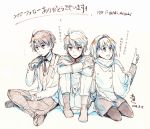  1girl 2boys aki_(neyuki41028) aldnoah.zero asseylum_vers_allusia blush juice_box kaizuka_inaho kneeling military military_uniform monochrome multiple_boys necktie open_mouth poncho scarf school_uniform short_hair sitting skirt slaine_troyard smile sweater_vest uniform 