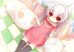  1girl animal_ears cat_ears dress highres if_(asita) long_hair original pillow red_eyes sitting solo white_hair 