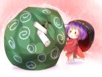  1girl bikuseno bowl chibi hat highres japanese_clothes kimono minigirl obi paper purple_hair pushing red_background sack sash short_hair solo sukuna_shinmyoumaru touhou 