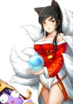  2girls ahri animal_ears black_hair breasts brown_eyes cleavage fox_ears fox_tail league_of_legends long_hair lulu_(league_of_legends) multiple_girls multiple_tails orb smile solo_focus tail takotsu whiskers 