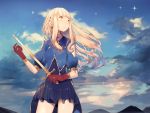 1girl blonde_hair blue_dress braid brown_gloves clouds dress floating_hair gloves holding jewelry long_hair looking_away looking_up misoni_comi original puffy_short_sleeves puffy_sleeves rapier ring short_dress short_sleeves side_braid sky solo sparkle sword weapon yellow_eyes 