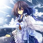  1girl clouds jacket_on_shoulders kantai_collection long_hair looking_at_viewer monikano neckerchief open_mouth purple_hair red_eyes school_uniform serafuku skirt sky smile solo taigei_(kantai_collection) twintails whale 