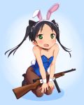 1girl a9b_(louis814) absurdres alternate_costume animal_ears black_hair bunny_girl bunny_tail bunnysuit cat_ears fang francesca_lucchini green_eyes gun highres mab_38 open_mouth pantyhose rabbit_ears solo strike_witches tail twintails weapon wrist_cuffs