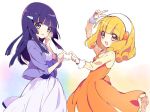  2girls :d aoki_reika blonde_hair casual hair_ornament hairband hairclip heart heart_hands kise_yayoi long_hair looking_at_viewer multiple_girls open_mouth precure purple_hair smile smile_precure! tagme v violet_eyes yellow_eyes yukiwo 