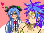  1boy 1girl blue_hair broly crossover dragon_ball dragon_ball_z earrings hat heart hinanawi_tenshi jewelry long_hair muscle necklace open_mouth puffy_sleeves red_eyes short_hair spiky_hair touhou 
