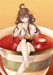  1girl ahoge bare_shoulders barefoot blue_eyes brown_hair crossed_legs cup detached_sleeves feet grin hairband highres japanese_clothes kantai_collection kongou_(kantai_collection) long_hair nontraditional_miko open_mouth oversized_object saucer smile solo tea teacup 