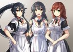  3girls agano_(kantai_collection) alternate_costume apron black_hair braid breasts brown_hair cleavage dress enmaided gloves hand_on_own_chest highres kantai_collection long_hair maid multiple_girls noshiro_(kantai_collection) open_mouth plan_(planhaplalan) ponytail red_eyes smile very_long_hair waist_apron white_gloves yahagi_(kantai_collection) 